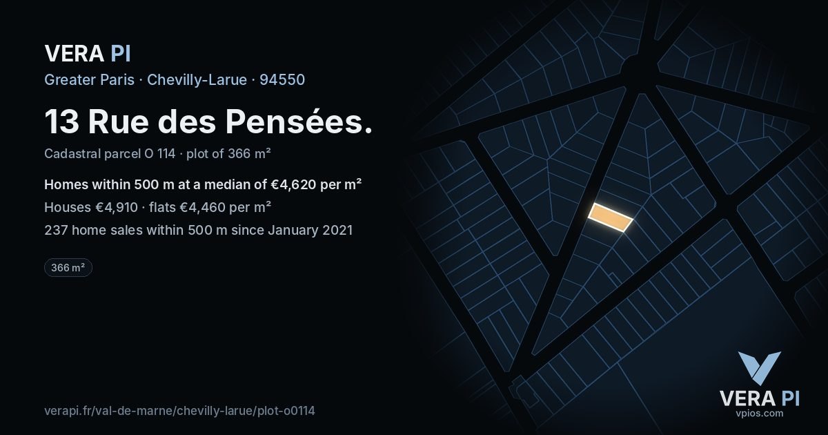 13 Rue des Pensées, Chevilly-Larue at night – the plot lit, the parcels around coloured by the prices near them