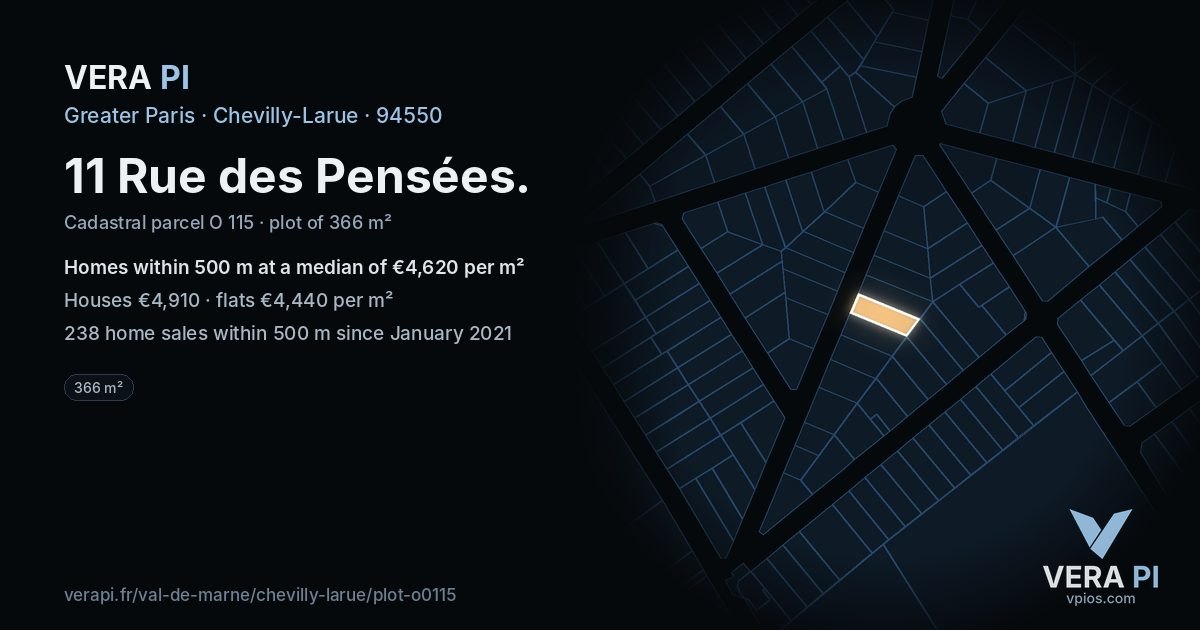 11 Rue des Pensées, Chevilly-Larue at night – the plot lit, the parcels around coloured by the prices near them