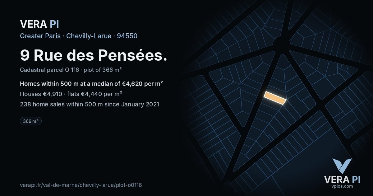 9 Rue des Pensées, Chevilly-Larue at night – the plot lit, the parcels around coloured by the prices near them