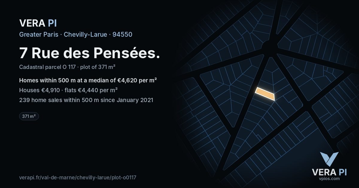 7 Rue des Pensées, Chevilly-Larue at night – the plot lit, the parcels around coloured by the prices near them