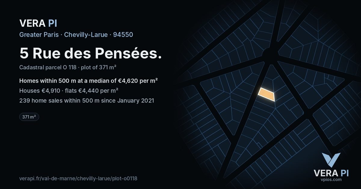 5 Rue des Pensées, Chevilly-Larue at night – the plot lit, the parcels around coloured by the prices near them