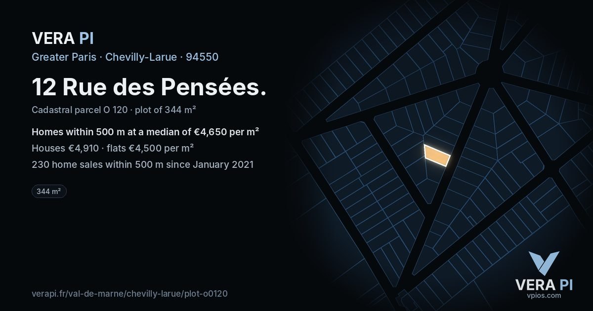12 Rue des Pensées, Chevilly-Larue at night – the plot lit, the parcels around coloured by the prices near them