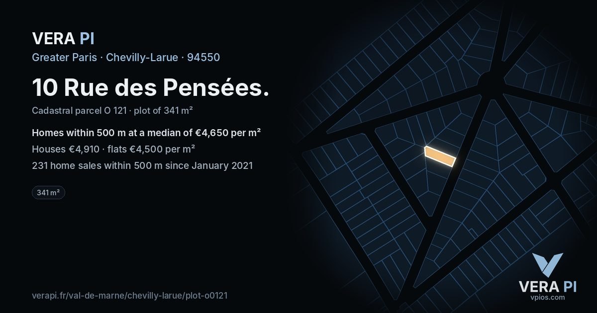 10 Rue des Pensées, Chevilly-Larue at night – the plot lit, the parcels around coloured by the prices near them