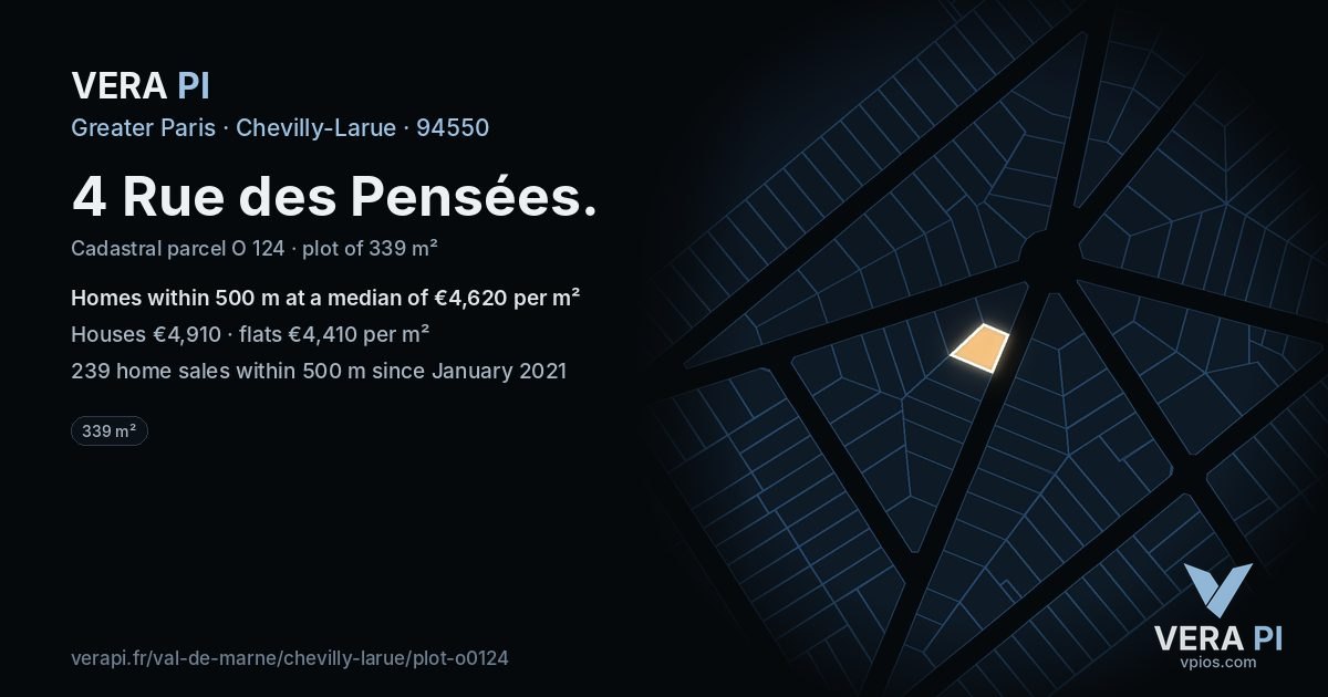 4 Rue des Pensées, Chevilly-Larue at night – the plot lit, the parcels around coloured by the prices near them