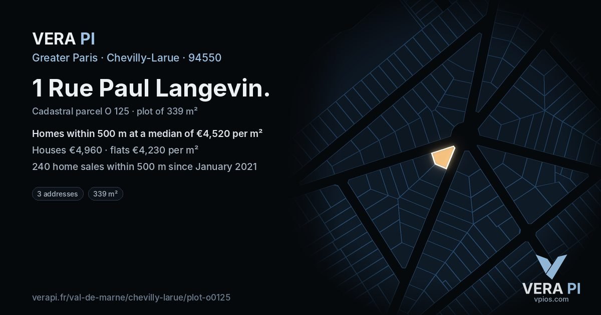 1 Rue Paul Langevin, Chevilly-Larue at night – the plot lit, the parcels around coloured by the prices near them