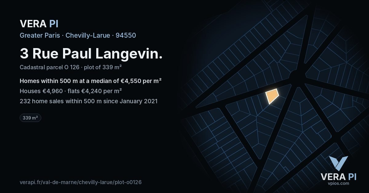 3 Rue Paul Langevin, Chevilly-Larue at night – the plot lit, the parcels around coloured by the prices near them