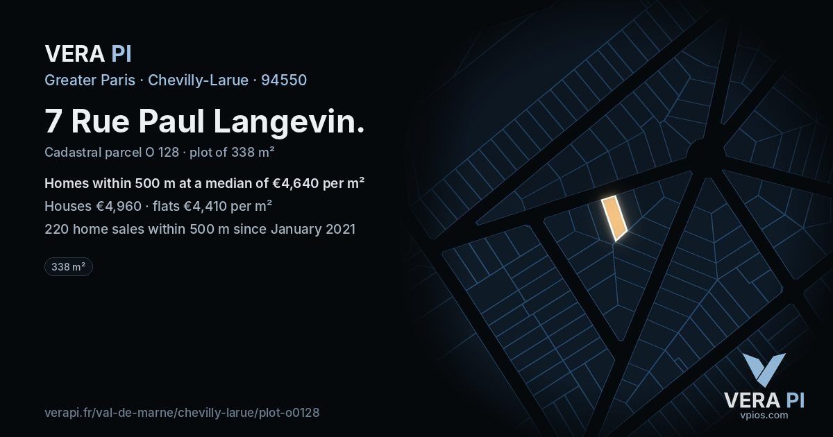 7 Rue Paul Langevin, Chevilly-Larue at night – the plot lit, the parcels around coloured by the prices near them