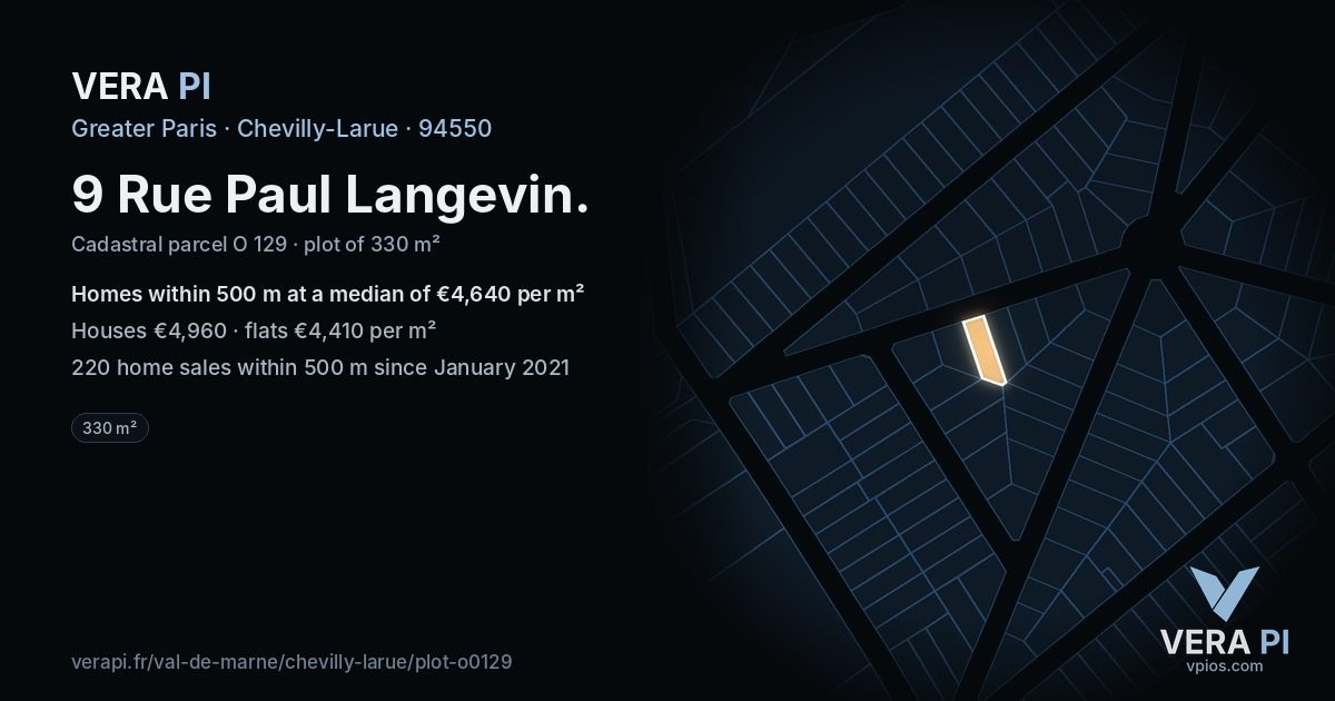 9 Rue Paul Langevin, Chevilly-Larue at night – the plot lit, the parcels around coloured by the prices near them