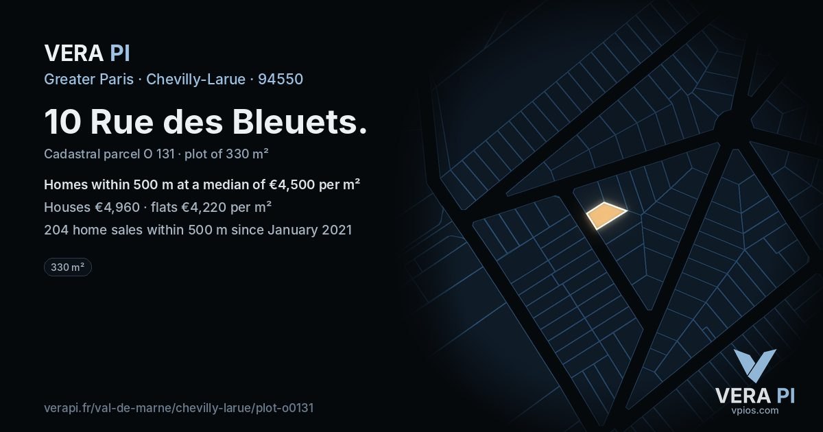 10 Rue des Bleuets, Chevilly-Larue at night – the plot lit, the parcels around coloured by the prices near them