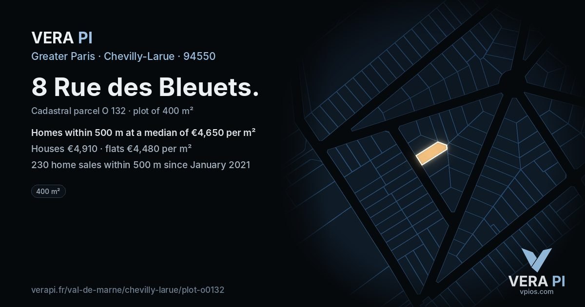 8 Rue des Bleuets, Chevilly-Larue at night – the plot lit, the parcels around coloured by the prices near them