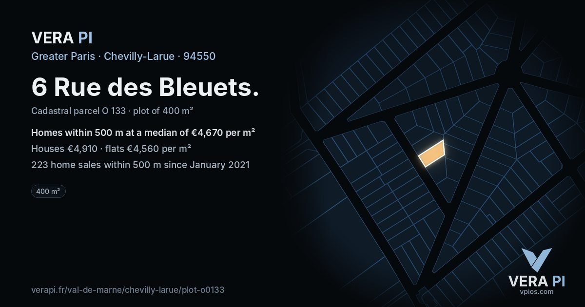 6 Rue des Bleuets, Chevilly-Larue at night – the plot lit, the parcels around coloured by the prices near them