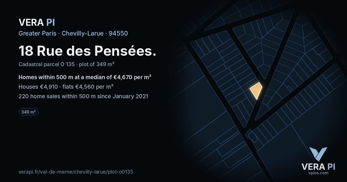 18 Rue des Pensées, Chevilly-Larue at night – the plot lit, the parcels around coloured by the prices near them