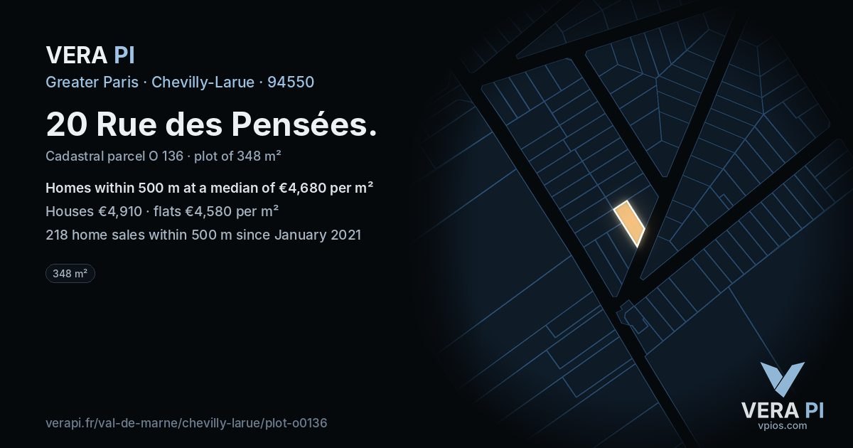 20 Rue des Pensées, Chevilly-Larue at night – the plot lit, the parcels around coloured by the prices near them