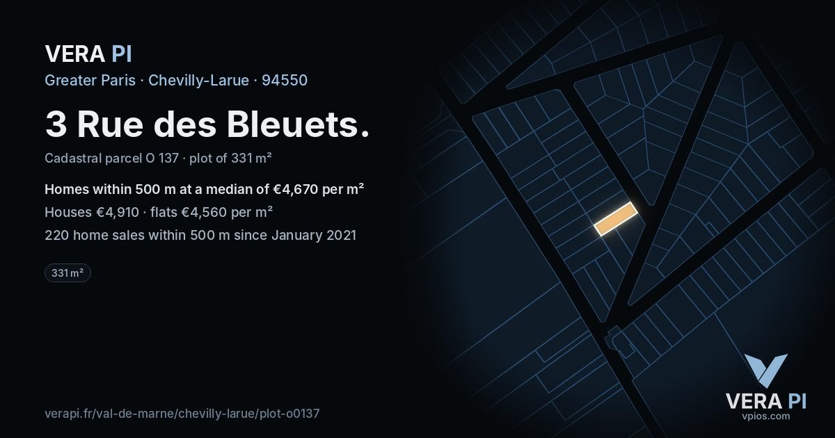 3 Rue des Bleuets, Chevilly-Larue at night – the plot lit, the parcels around coloured by the prices near them