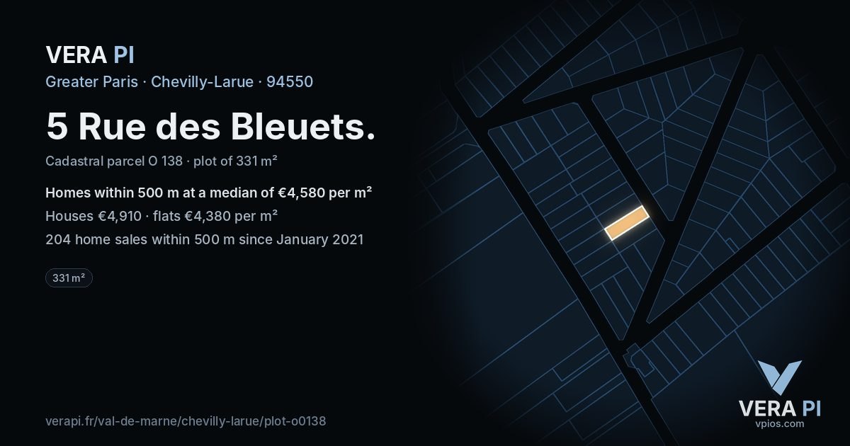 5 Rue des Bleuets, Chevilly-Larue at night – the plot lit, the parcels around coloured by the prices near them