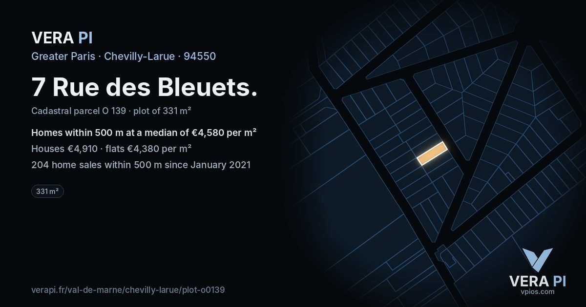 7 Rue des Bleuets, Chevilly-Larue at night – the plot lit, the parcels around coloured by the prices near them