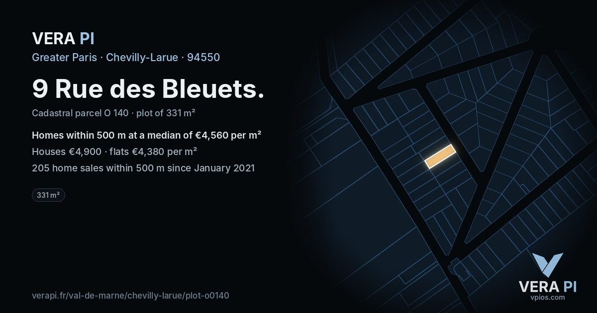 9 Rue des Bleuets, Chevilly-Larue at night – the plot lit, the parcels around coloured by the prices near them