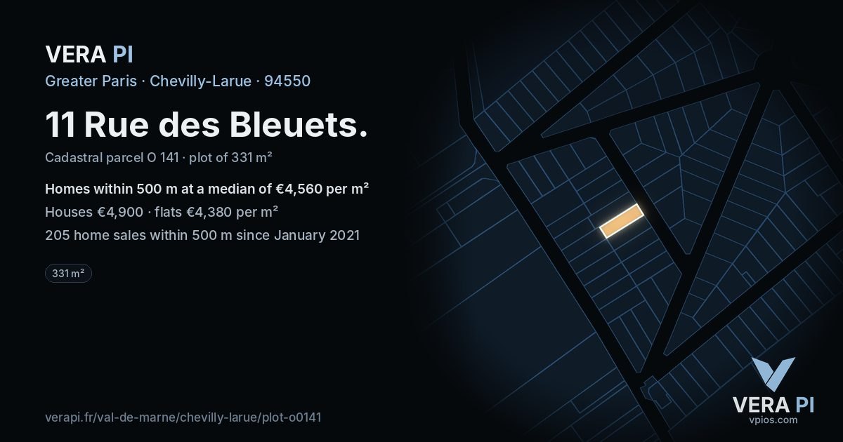 11 Rue des Bleuets, Chevilly-Larue at night – the plot lit, the parcels around coloured by the prices near them
