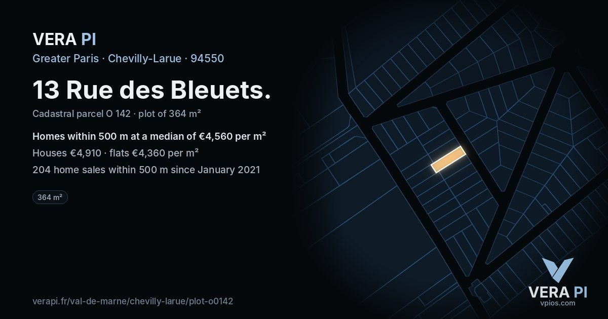 13 Rue des Bleuets, Chevilly-Larue at night – the plot lit, the parcels around coloured by the prices near them