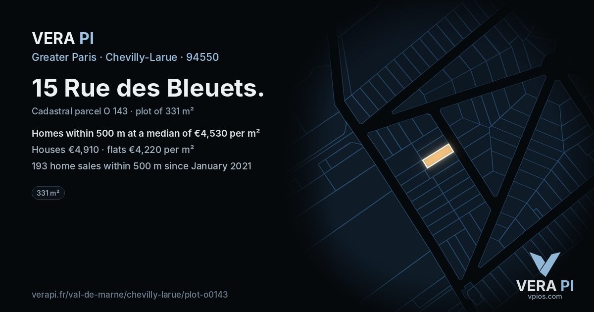 15 Rue des Bleuets, Chevilly-Larue at night – the plot lit, the parcels around coloured by the prices near them