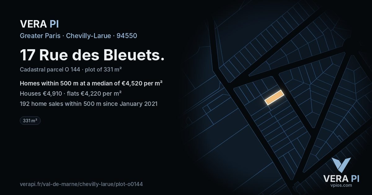 17 Rue des Bleuets, Chevilly-Larue at night – the plot lit, the parcels around coloured by the prices near them