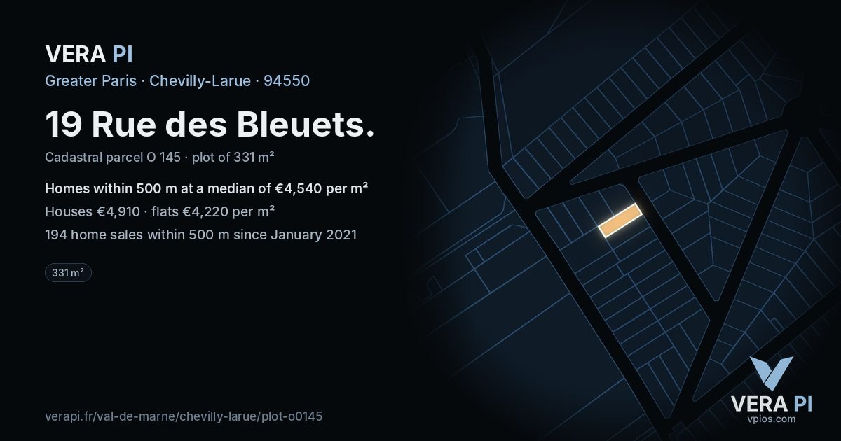 19 Rue des Bleuets, Chevilly-Larue at night – the plot lit, the parcels around coloured by the prices near them