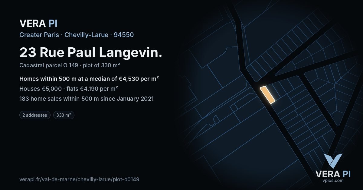23 Rue Paul Langevin, Chevilly-Larue at night – the plot lit, the parcels around coloured by the prices near them