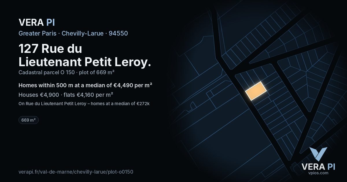 127 Rue du Lieutenant Petit Leroy, Chevilly-Larue at night – the plot lit, the parcels around coloured by the prices near them