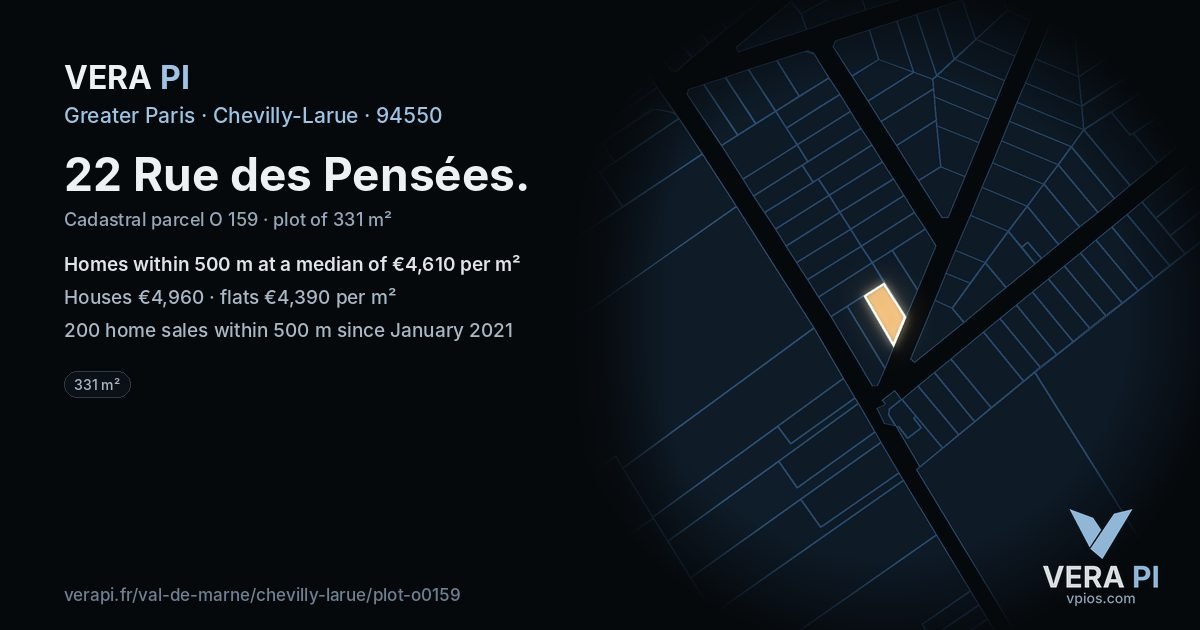 22 Rue des Pensées, Chevilly-Larue at night – the plot lit, the parcels around coloured by the prices near them