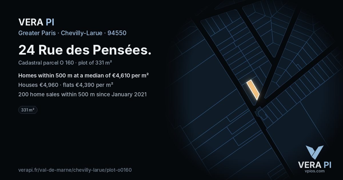 24 Rue des Pensées, Chevilly-Larue at night – the plot lit, the parcels around coloured by the prices near them