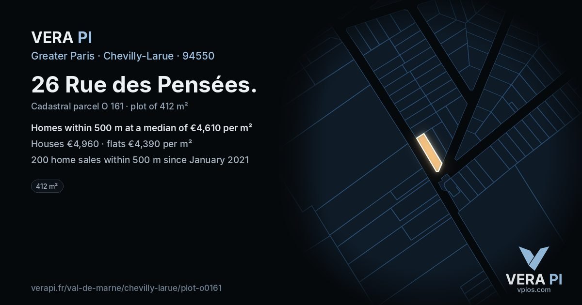 26 Rue des Pensées, Chevilly-Larue at night – the plot lit, the parcels around coloured by the prices near them