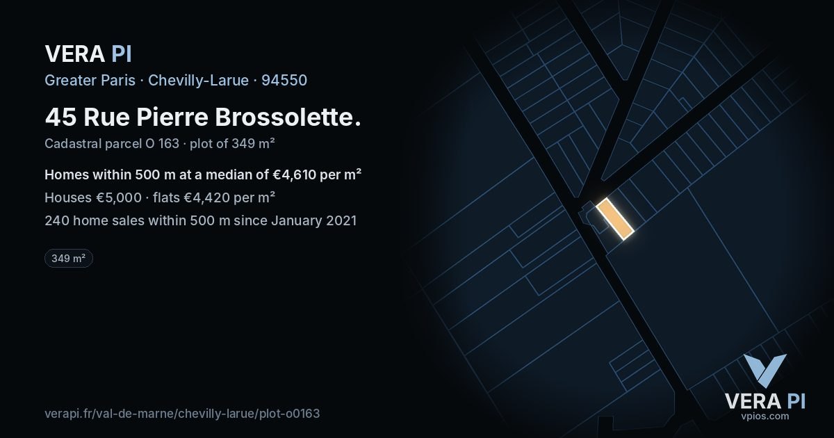 45 Rue Pierre Brossolette, Chevilly-Larue at night – the plot lit, the parcels around coloured by the prices near them