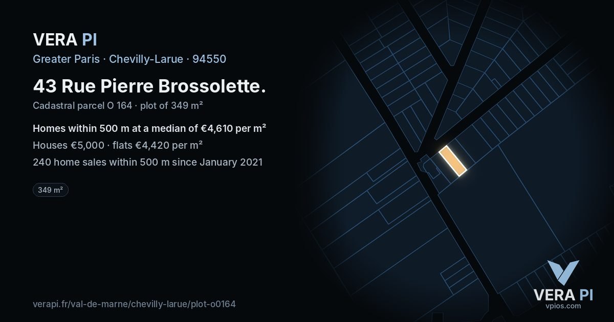43 Rue Pierre Brossolette, Chevilly-Larue at night – the plot lit, the parcels around coloured by the prices near them