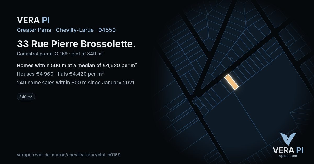 33 Rue Pierre Brossolette, Chevilly-Larue at night – the plot lit, the parcels around coloured by the prices near them
