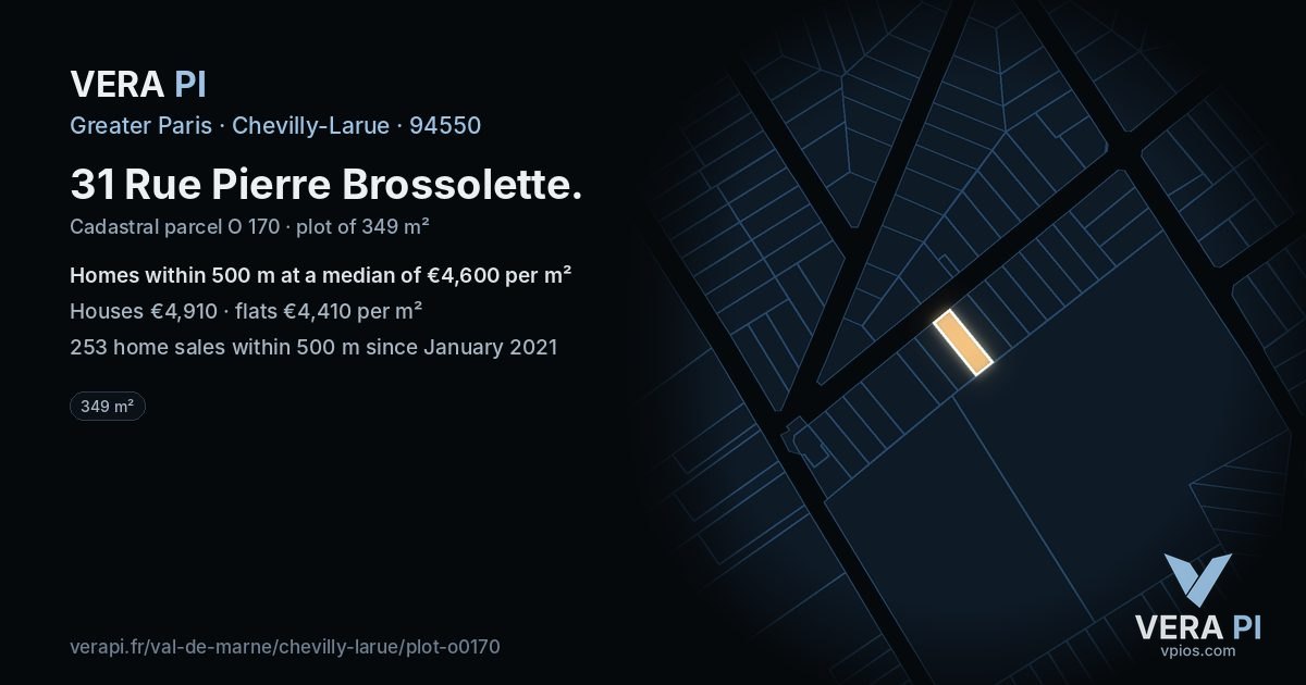 31 Rue Pierre Brossolette, Chevilly-Larue at night – the plot lit, the parcels around coloured by the prices near them