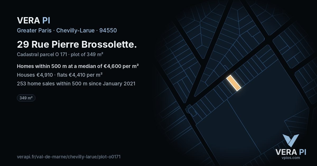 29 Rue Pierre Brossolette, Chevilly-Larue at night – the plot lit, the parcels around coloured by the prices near them