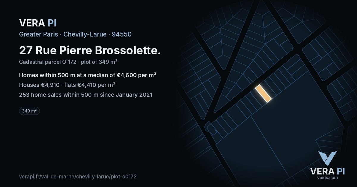 27 Rue Pierre Brossolette, Chevilly-Larue at night – the plot lit, the parcels around coloured by the prices near them