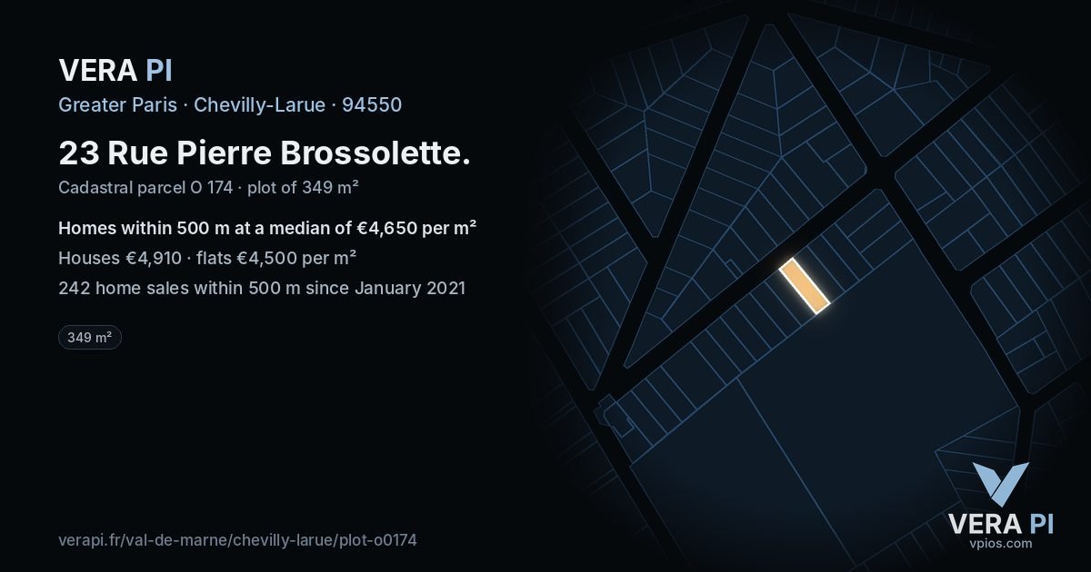 23 Rue Pierre Brossolette, Chevilly-Larue at night – the plot lit, the parcels around coloured by the prices near them