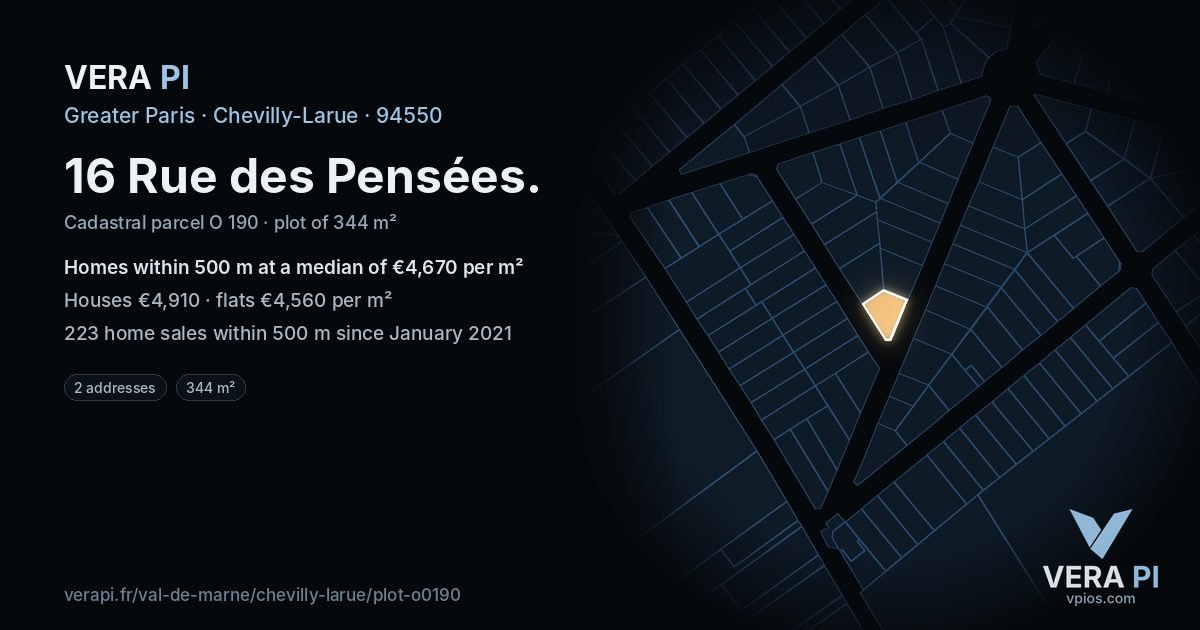 16 Rue des Pensées, Chevilly-Larue at night – the plot lit, the parcels around coloured by the prices near them