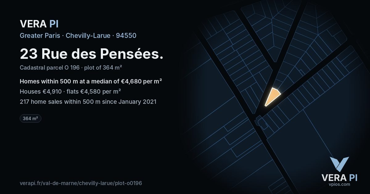 23 Rue des Pensées, Chevilly-Larue at night – the plot lit, the parcels around coloured by the prices near them