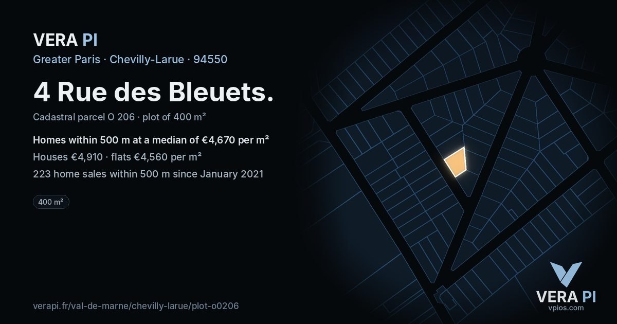 4 Rue des Bleuets, Chevilly-Larue at night – the plot lit, the parcels around coloured by the prices near them