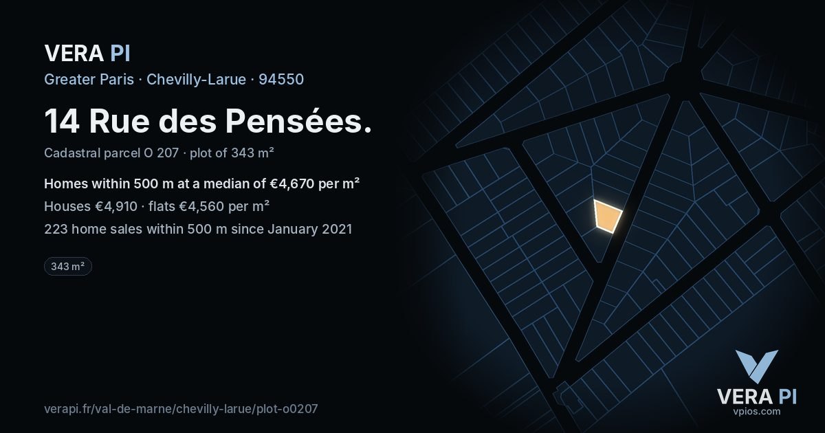 14 Rue des Pensées, Chevilly-Larue at night – the plot lit, the parcels around coloured by the prices near them