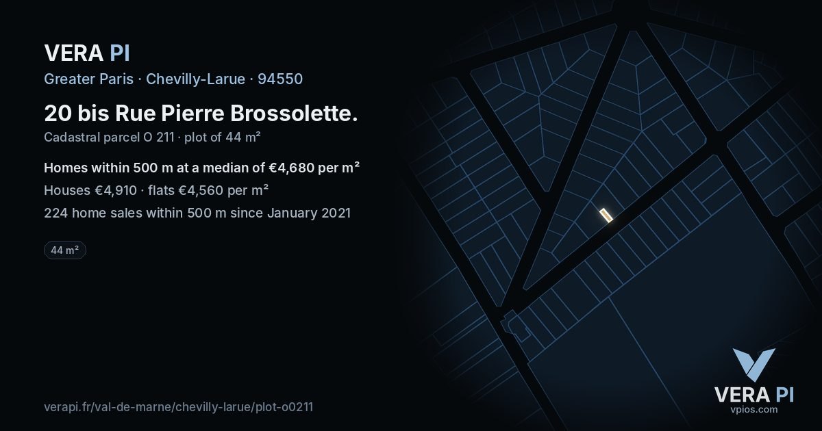 20 bis Rue Pierre Brossolette, Chevilly-Larue at night – the plot lit, the parcels around coloured by the prices near them