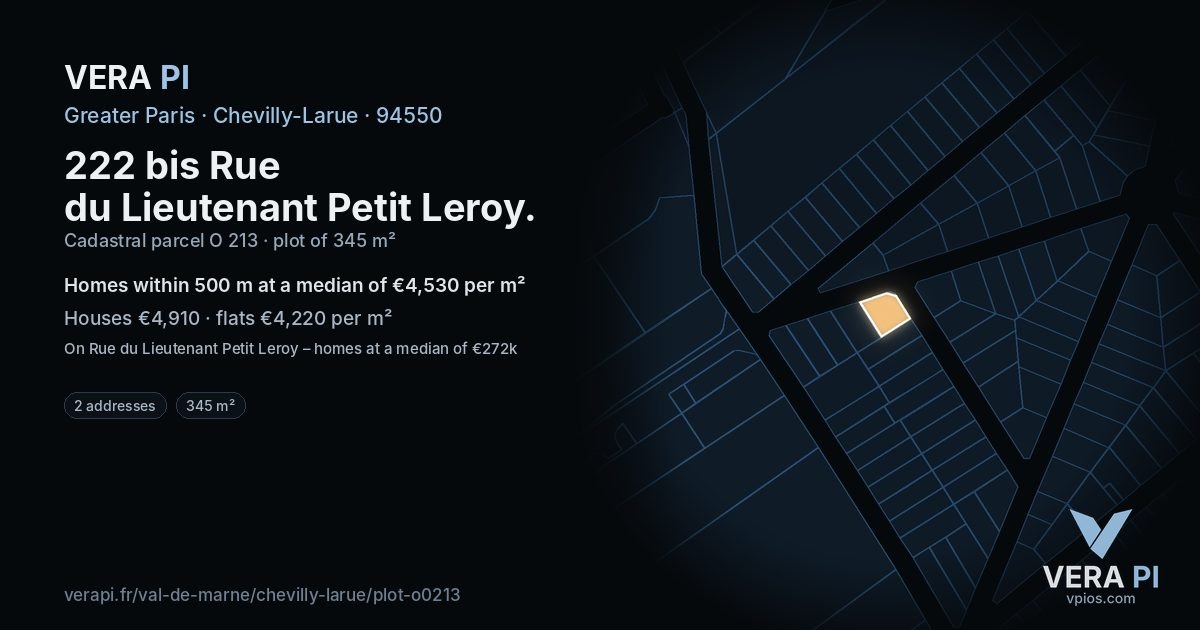 222 bis Rue du Lieutenant Petit Leroy, Chevilly-Larue at night – the plot lit, the parcels around coloured by the prices near them