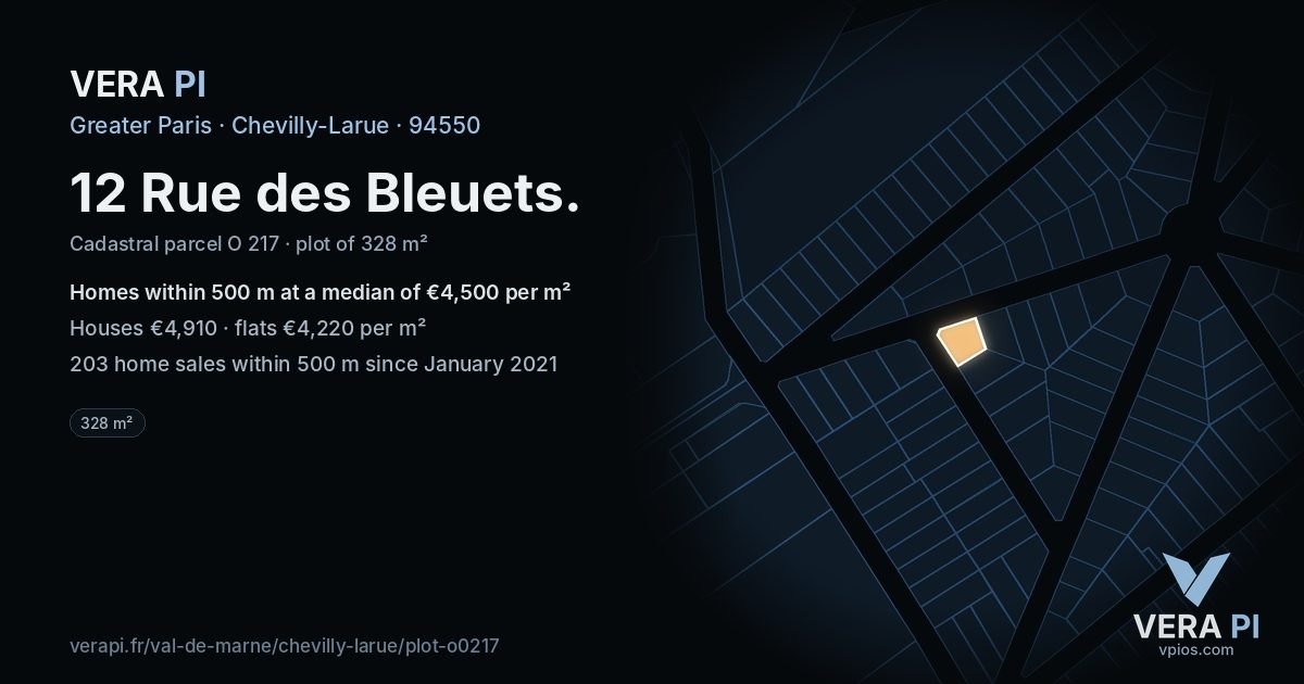 12 Rue des Bleuets, Chevilly-Larue at night – the plot lit, the parcels around coloured by the prices near them