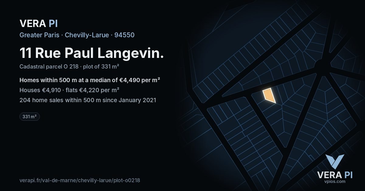 11 Rue Paul Langevin, Chevilly-Larue at night – the plot lit, the parcels around coloured by the prices near them