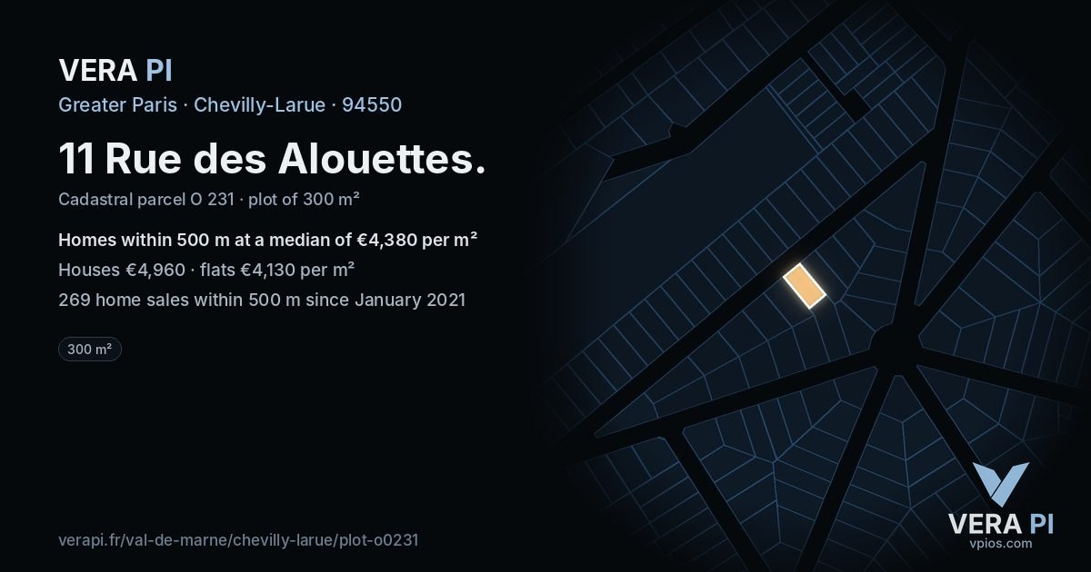11 Rue des Alouettes, Chevilly-Larue at night – the plot lit, the parcels around coloured by the prices near them