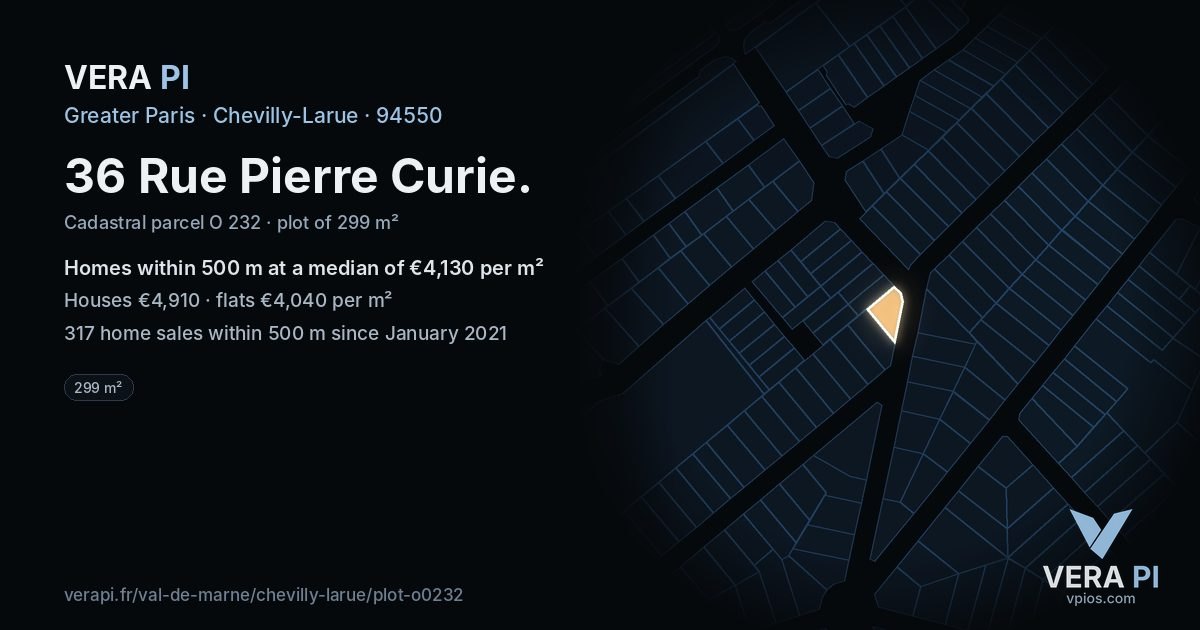 36 Rue Pierre Curie, Chevilly-Larue at night – the plot lit, the parcels around coloured by the prices near them