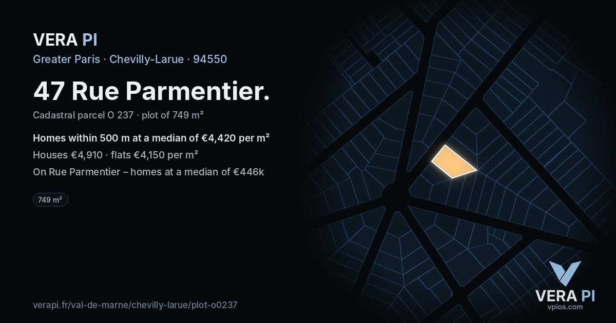 47 Rue Parmentier, Chevilly-Larue at night – the plot lit, the parcels around coloured by the prices near them