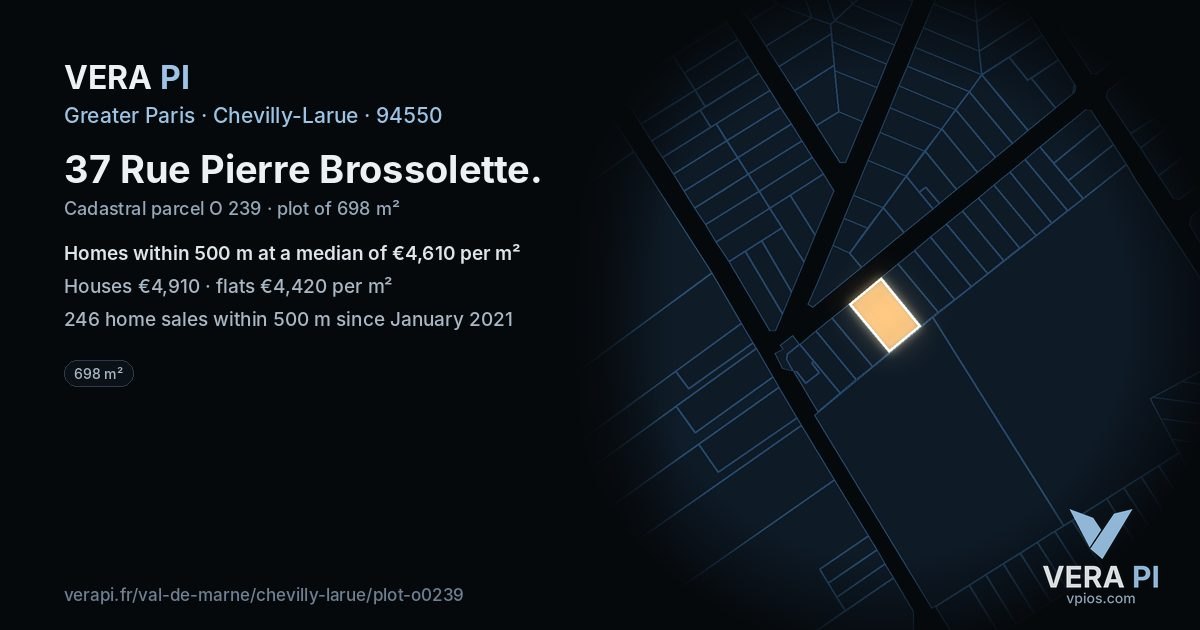 37 Rue Pierre Brossolette, Chevilly-Larue at night – the plot lit, the parcels around coloured by the prices near them